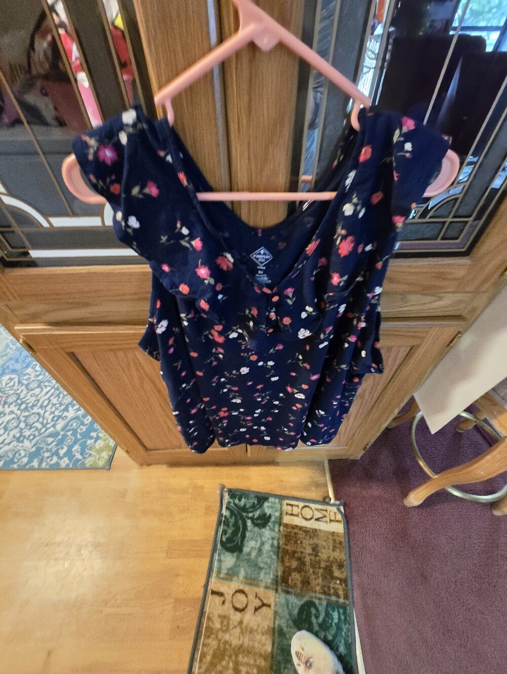 St. John's Bay Navy Floral Ruffle V-Neck Blouse